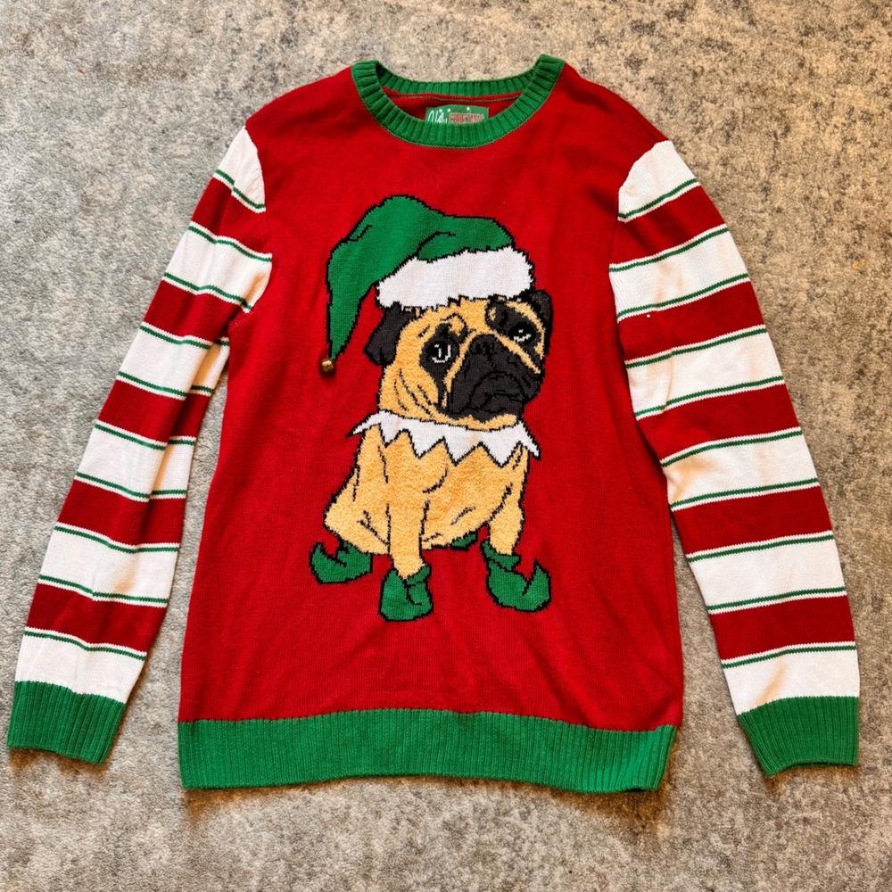 Ugly Christmas Sweater Pug Dog Elf Red Striped Holiday Knit Pullover Size L